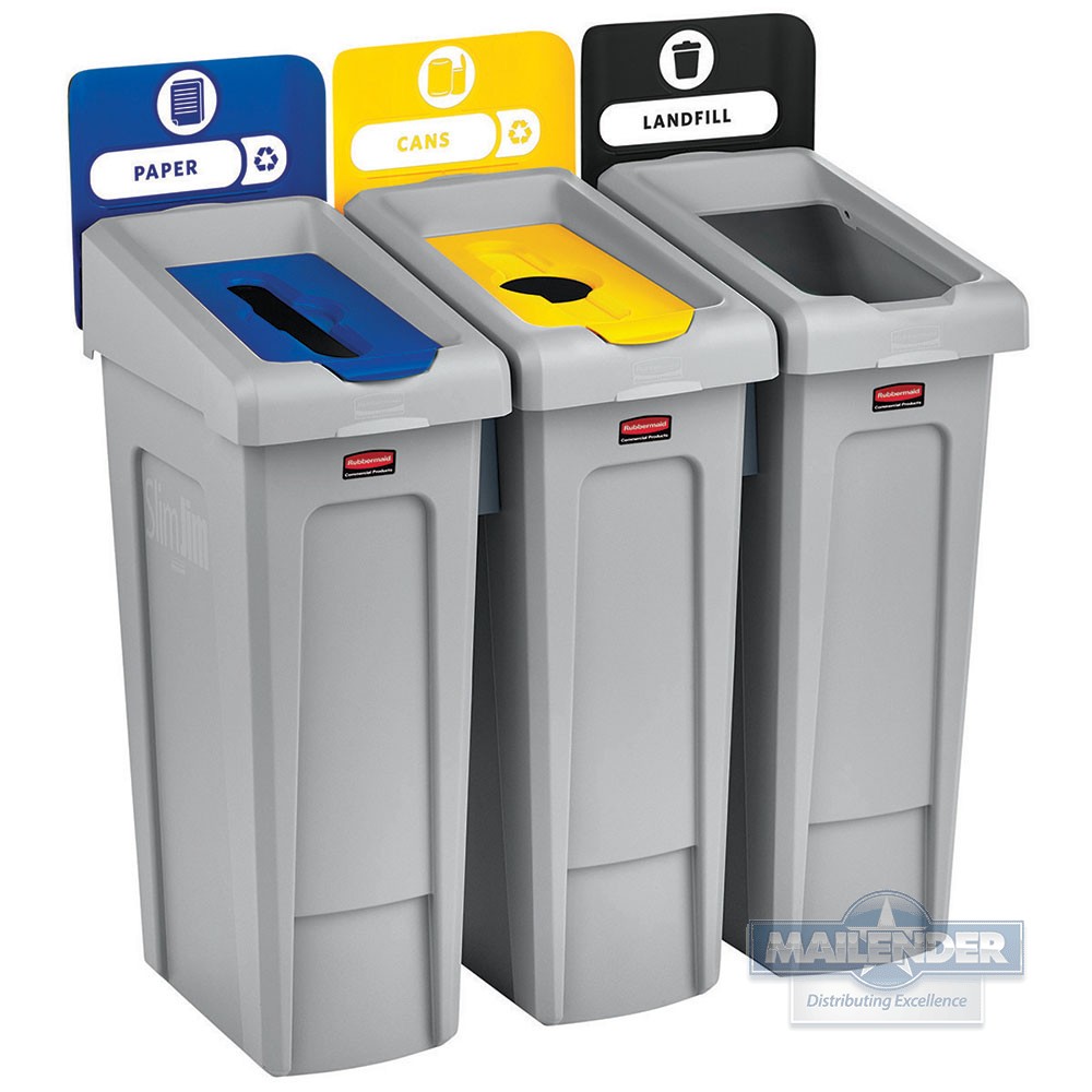 SLIM JIM RECYCLING STATION KIT 3-STREAM 69GAL LANDFILL/PAPER/BOTTLES/CANS