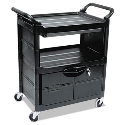 SERVICE UTILITY CART WITH LOCKABLE DOORS AND SLIDING DRAWER 200LB BLACK