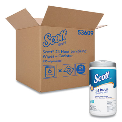 SCOTT 24 HR SANITIZING WIPES, 6 CANISTERS X 75CT, 450 WIPES